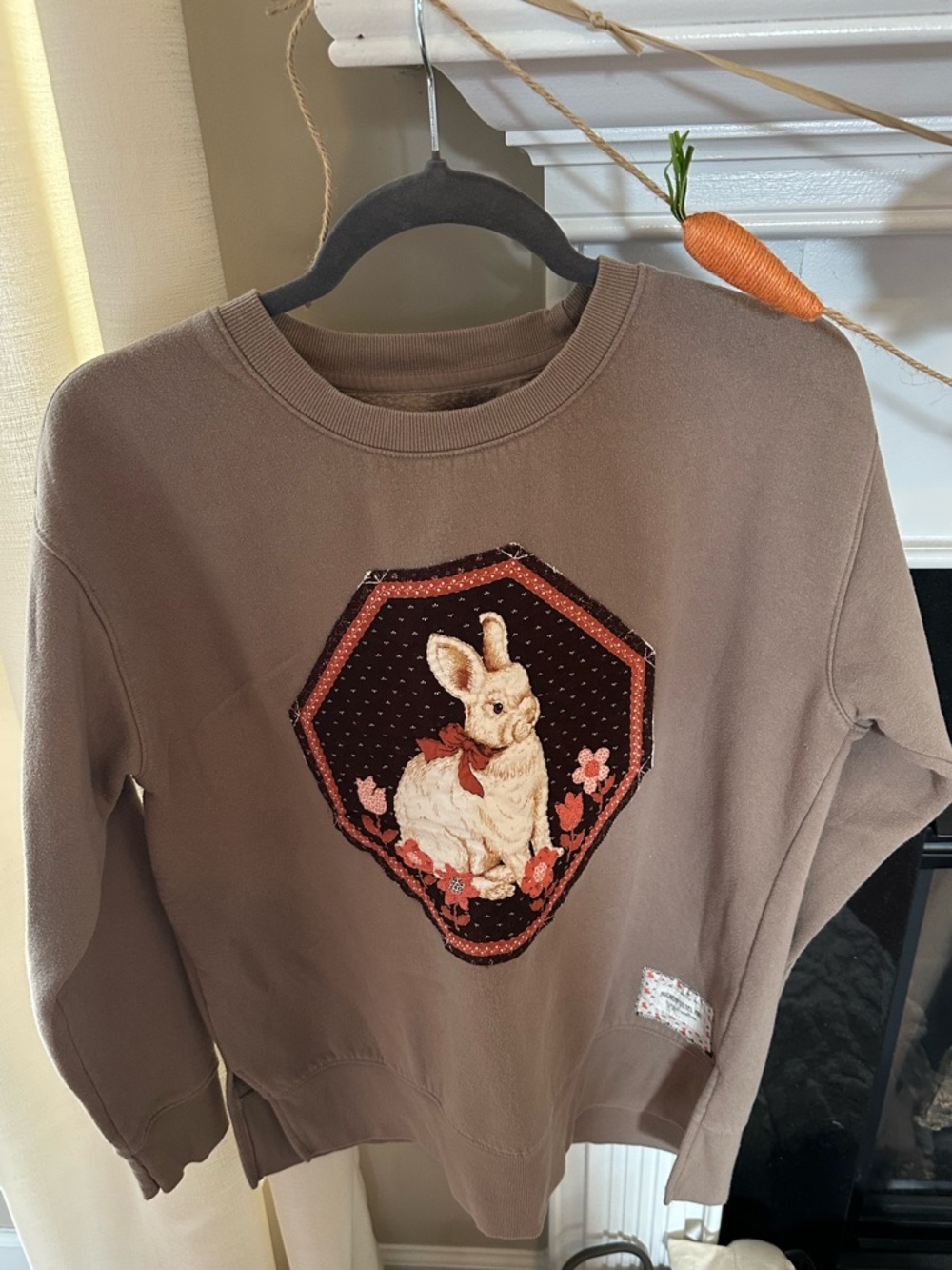 Brown Sweatshirt with vintage  Bunny panel appliqué  Patch